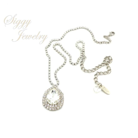 Bridal Pendant Necklace, Large Center Pear Crystal with Sparkling Double Halo - Picture 6 of 6